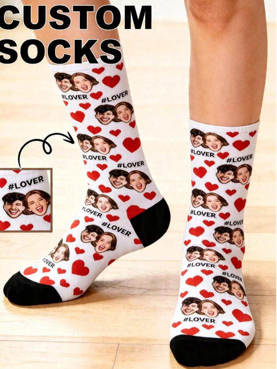 1pair Customizable Men's Socks Add Your Own Patterns And Text To Design Unique Socks Suitable For Couples Best Friends Siblings Spouses Family Members - White - View 1