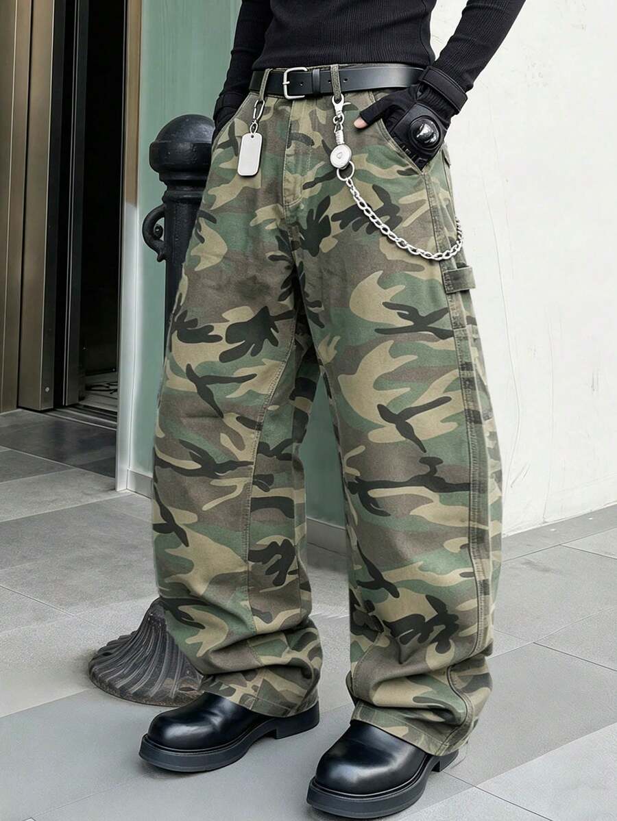 Quần jeans ống rộng dáng suông họa tiết rằn ri phong cách Gothic Punk Unisex của ONE.DINY, quần cargo ống rộng phong cách đường phố hip hop thường ngày. - Màu be - Xem 1