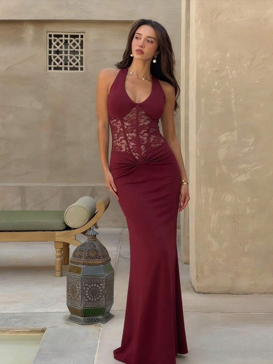 Sensual Fitted Dress With Halter Neck And Combined Lace - 酒紅色 - 查看 1