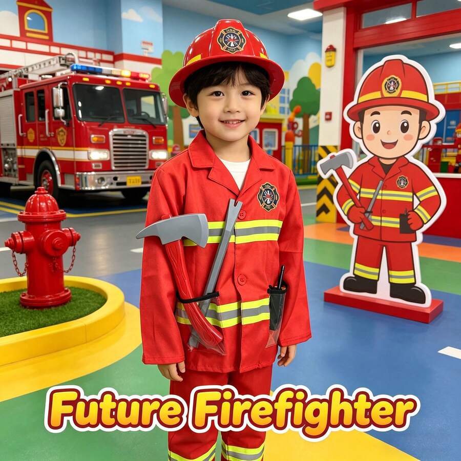 Kids Firefighter Costume Full Set, Realistic Helmet Gear, Roleplay Cosplay Outfit For Boys And Girls, Profession Experience, Stage Performance, Fun Firefighter Toy Props - WY06-c Firefighter Suit Long-sleeved Seven-piece Set - View 1