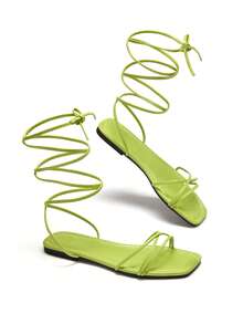 Trivaya Women's Tie-Up Square Toe Woven Casual Flat Sandals,Beach Shoes,Summer Outfits - Green - View 4