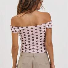 Camiseta de Mujer con Hombros Descubiertos y Estampado de Lunares, Cuello Redondo, Manga Corta, Fruncida, Sexy, Ajustada, Versátil, Top de Moda Casual para la Calle - Rosa - Ver 3