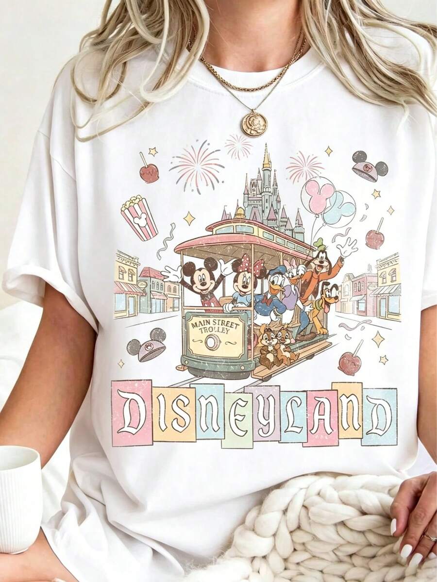 Women's Disney Disneyland Main Street Trolley & Castle Graphic T-Shirt, Soft Cotton Breathable Casual Retro Short-Sleeve Tee - White - View 1