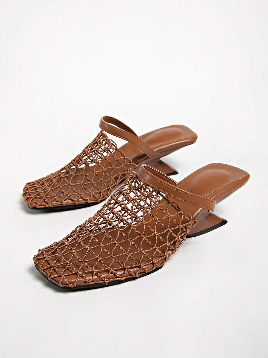 Unique Design Fishnet Wedge Mule Sandals For Women, Hollow Woven High Heel Slip-On Slippers For Summer Outdoor Wear - Brown - View 1