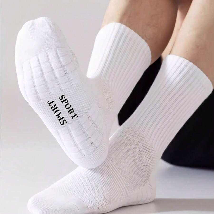 5 Pairs Of Sports Socks For Men And Women, Professional Running Socks, Summer Men's Thickened Towel Socks With Massage Soles, Basketball And Football White Sports Socks - 全白 5 雙 - 查看 1