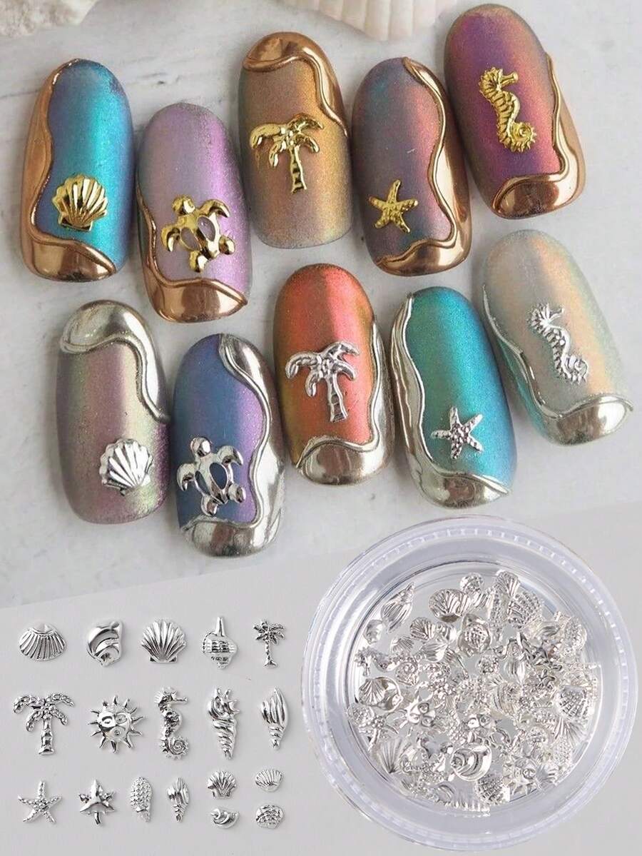 银色可爱海洋动物美甲饰品 Y2K 海洋岛屿风格 海龟 椰子树 海马 美甲装饰 夏季假日美甲水钻 家用及沙龙美甲用品 - 銀色 - 查看 1