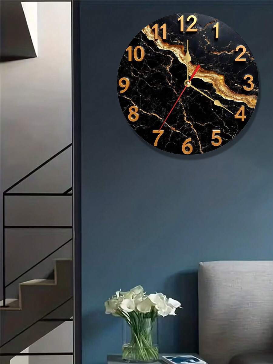 Reloj de pared moderno de mármol negro y madera con manecillas doradas y esfera grande - Diseño minimalista de lujo, movimiento de cuarzo silencioso, textura de mármol negro y dorado apto para decoración de sala de estar, oficina, dormitorio - Números blancos fáciles de leer, regalo ideal (Baterías no incluidas), Reloj de pared para decoración del hogar, Reloj de pared vintage, Reloj de pared para sala de estar, Reloj de pared elegante para sala de estar, Reloj de pared decorativo, Plano 2D - Multicolor - Ver 1