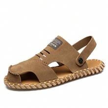 Men's Basic Faux Leather Studded Outdoor Handmade Stitched Slide Sandals, New Versatile Soft Casual Slippers - Brown - View 10