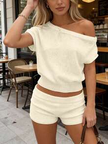 Bộ đồ đi nghỉ mát thường ngày dành cho nữ - Áo dệt kim trễ vai màu trơn phối cùng quần short ống đứng, thích hợp cho mùa xuân và mùa hè. - trắng - Xem 3