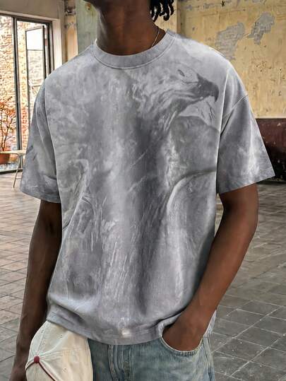  Fractyr Men Eagle All-Over Print Tie-Dye Oversized T-Shirt, Soft Touch Grey Washed Grunge Streetwear Tee, Wildlife Aesthetic