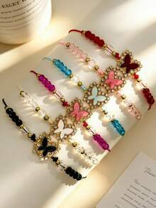 6/12pcs Pack Light Color Butterfly Sparkling Handmade Woven Crystal Bracelets, Charm Bracelets For Girlfriend, Family Sharing, Women Stacking Bracelets, Bracelet Pendants, Bracelet Sets, Y2K Bracelets, Adjustable Bracelets, Beaded Bracelets, Women Friendship Bracelets, Women Gold Accessories CCB Matching Bracelets, Couple Bracelets - Multicolor 1 - View 8