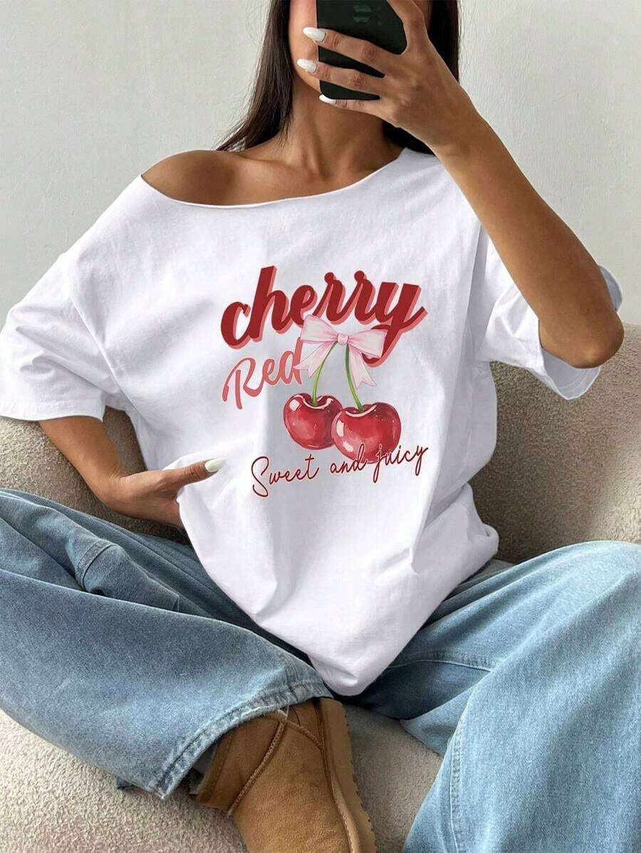 Camiseta casual minimalista de manga corta MOOSTA para mujer, holgada, color blanco granada, con cuello asimétrico, estilo oversize, para ocio. - Blanco 4 - Ver 1