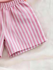 Tween Girls 2pcs Set, Minimalist Cherry Bow Print Paired With Striped Shorts, Random Cut, Comfortable Daily Wear, Fashionable & Cute, Versatile Outfit - Pink - View 6