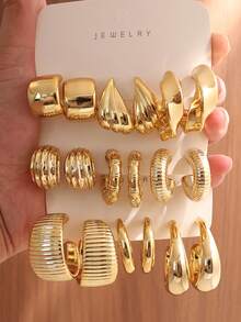 6/18pcs Fashionable Earring Set, Exaggerated Large C-Shape Elegant Long Earrings, Multi-Style Earring Set Suitable For Daily And Holiday Wear For Women. This Product Is Made Of ABS Resin Material With UV Plated Non-Fading Gold Finish. - Gold - View 5