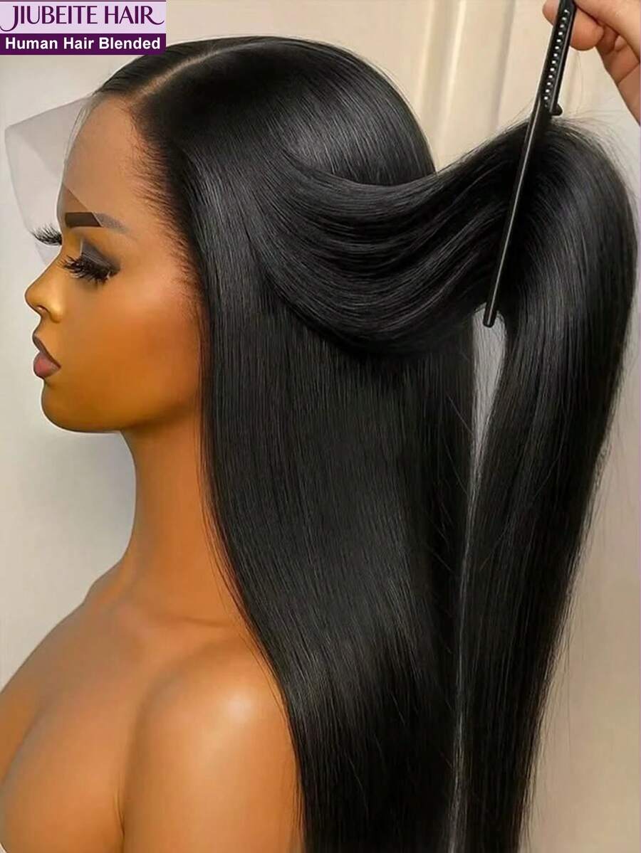 8-34 Inch #4 13x4 Lace Front Wig, Human Hair Straight Lace Front Wig, 200% Density Pre-Plucked Natural Hairline Mixed Texture Brazilian Straight Lace Front Wig #4 No Glue For Women Party, Holiday, Daily Use - Natural & Black - View 1