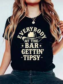 Camiseta Clásica de Algodón con Estampado Country Western Everybody Gettin' Tipsy para Mujer, Cuello Redondo, Manga Corta, Estilo Casual, Camiseta de Verano - Negro - Ver 1