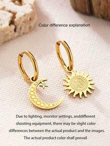 Aomogo Stainless Steel Earrings Vintage Elegant Sun-moon-crystal Earrings Fashionable Fine Earrings Women's Accessory Party Gift - Gold - View 3