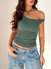 Top casual de manga corta con cuello asimétrico, plisado y unicolor negro - Verde Oliva - Ver 1