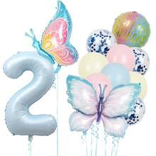 10件組蝴蝶主題生日氣球套組，藍色1-9數字鋁箔氣球，粉色與藍色亮片乳膠氣球，適合蝴蝶主題生日派對與嬰兒洗禮裝飾 - 蝴蝶氣球套裝 - 查看 3