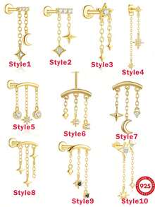 1 chiếc khuyên tai tua rua hình ngôi sao và mặt trăng bằng bạc Sterling 925, phong cách Punk thời Trung cổ, trang sức tinh tế, phù hợp để đeo hàng ngày, dự đám cưới, tiệc tùng, lễ đính hôn, kỷ niệm, ngày Valentine và các dịp khác. - Vàng - Xem 2