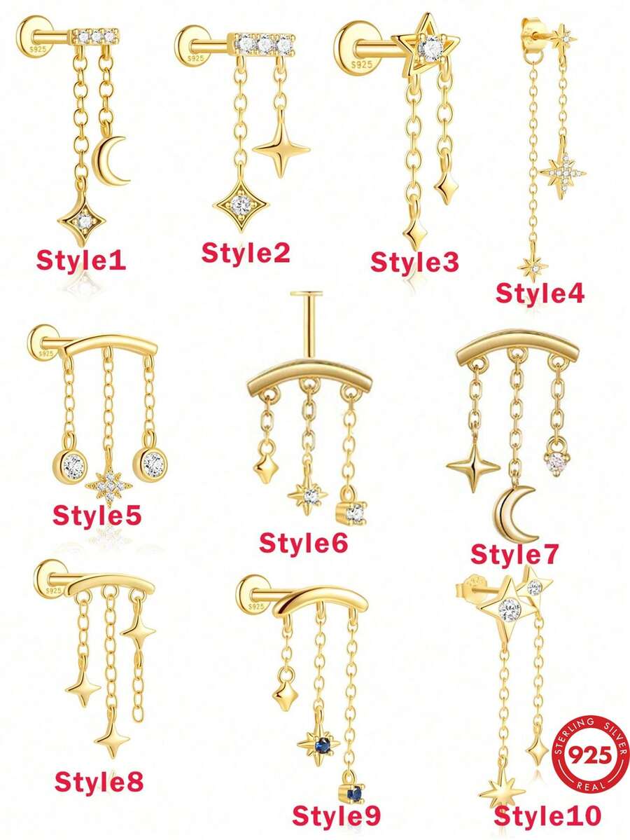 1 chiếc khuyên tai tua rua hình ngôi sao và mặt trăng bằng bạc Sterling 925, phong cách Punk thời Trung cổ, trang sức tinh tế, phù hợp để đeo hàng ngày, dự đám cưới, tiệc tùng, lễ đính hôn, kỷ niệm, ngày Valentine và các dịp khác.