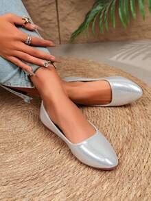 Women's Comfortable Soft Bottom Retro Elegant Flat Loafers, Silver Color Minimalist Slip-On Casual Shoes, Versatile Flat Moccasins For All Seasons - Silver - View 4