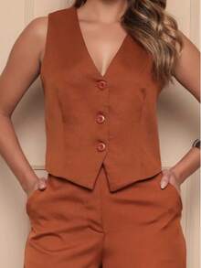 Tailored Suit Set: Vest With Dress Pants, Fashionable. - 駝色 - 查看 3