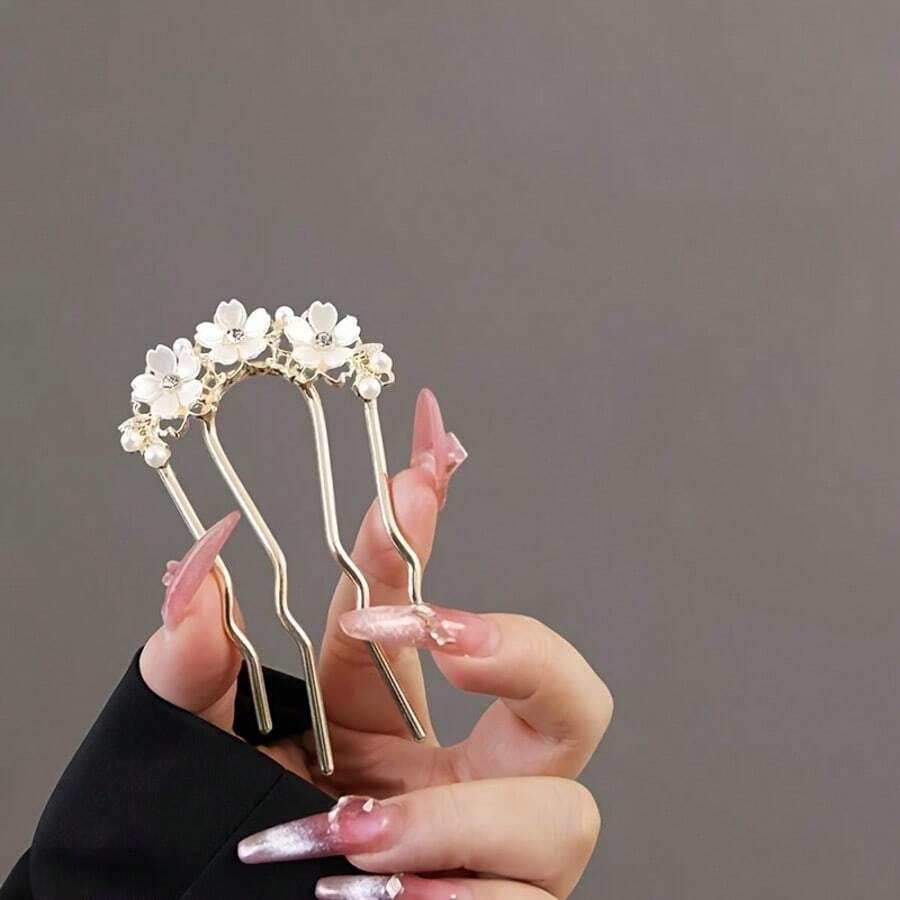 Lược cài tóc kiểu INS thanh lịch lấy cảm hứng từ thiên nhiên, đính ngọc trai giả hình hoa, kẹp tóc 4 chấu tạo búi tóc, hợp kim kẽm sáng bóng. - trắng - Xem 1