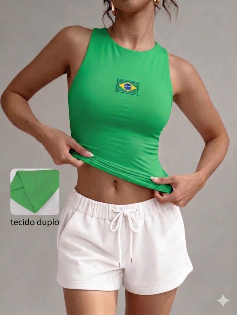 Women's Double-Layered Polyamide Blouse With Brazil World Cup Theme. Suitable For Evenings, Holidays, Vacations, Office, Home, Diary, Birthday Parties, Dating, Homecoming, Travel, Brunch, Airport Wear, Sports And Fitness. - 綠色 - 查看 1