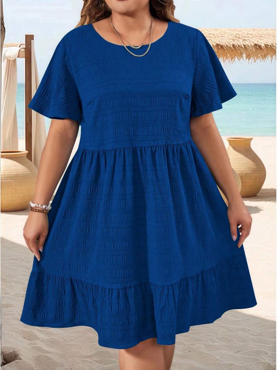 Vestido de Verano para Mujer, Talla Grande, Elegante, Cuello Redondo, Tejido con Parches, Holgado, Manga Corta - Azul - Ver 1