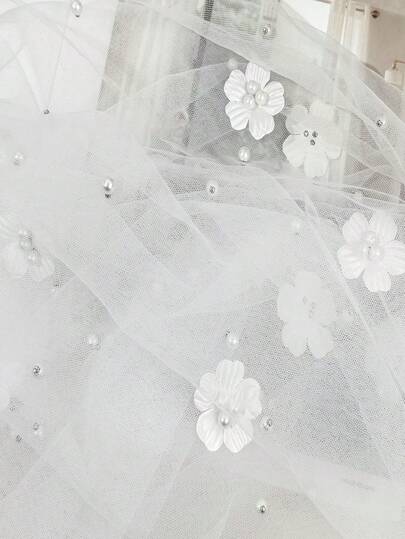 1pc Pearl Flower White Mesh Fabric Table Runner, Decor Accessory For Children's Dress, Suitable For Romantic Wedding Table Decoration, Arch Veil, Clothing