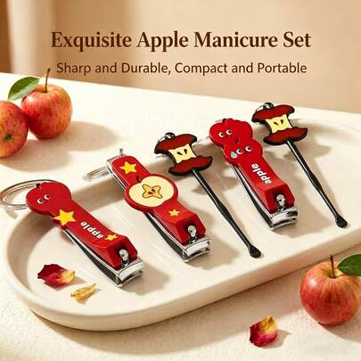 J·FOCUS Cute Apple Shaped Nail Clipper Set With Earwax Spoon, 2-In-1 Portable Manicure Tool With Keychain, Stainless Steel Nail Clippers And Earwax Spoon, Portable Manicure Set
