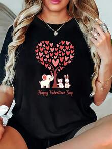 Plus Size - Plus Size Heart Tree & Pets Camiseta gráfica de San Valentín | Regalo para novia / esposa, cuello redondo, mangas cortas, informal y de moda, elegante traje de fiesta, entrega antes de San Valentín - Negro - Ver 2
