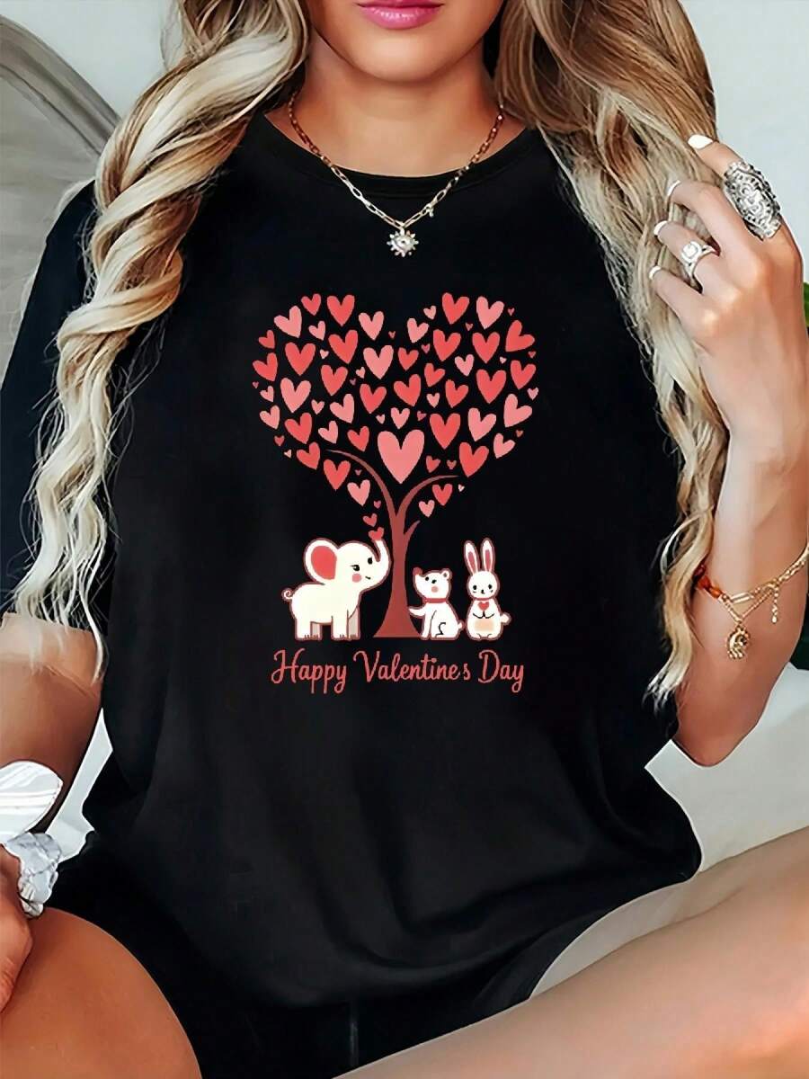 Plus Size - Plus Size Heart Tree & Pets Camiseta gráfica de San Valentín | Regalo para novia / esposa, cuello redondo, mangas cortas, informal y de moda, elegante traje de fiesta, entrega antes de San Valentín