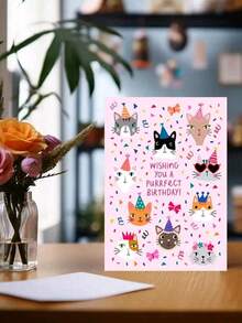1张可爱猫咪图案生日贺卡，适合爱猫人士赠送给家人、伴侣、朋友和同事（含随机颜色信封），也适合开学季和学习用品。 - 多色 - View 4