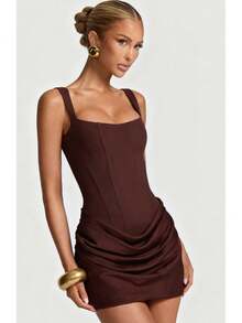 Women's Square Neck Sleeveless Dress, Corset Style Ruched Bodycon Party Dress - 咖啡 - 查看 2