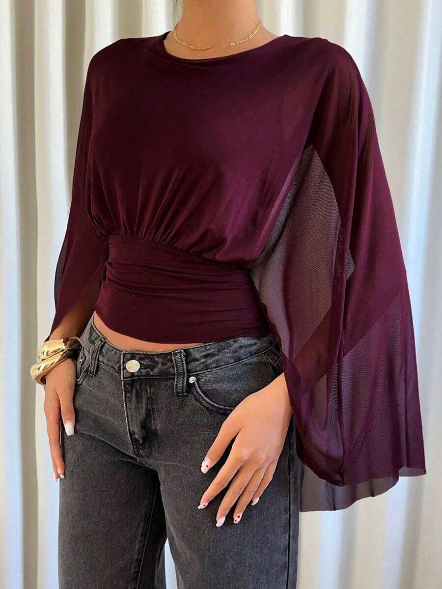 Women's Solid Color Round Neck Pleated Casual Versatile Daily Wear T-Shirt - 中紫紅色 - 查看 1