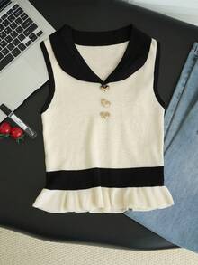 2026 Summer New Sweet Heiress Style Sexy Contrast Color Waist Design Sleeveless Knit Camisole Top, Girly Heart Button Ruffle Hem Fitted Blouse - Apricot - View 6