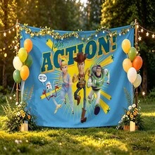 Disney Classic Toy Story Character Ensemble Cartoon Print, Blue Background Paired With Dynamic English Slogan No-Hole Backdrop, Perfect For Parties, Camping, Home Decor, Scene Setup And Gathering Displays - 0 - View 3
