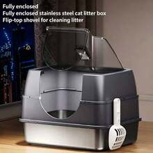 Stainless Steel Cat Litter Box With Lid – Extra Large Enclosed Litter Box For Cats, Non-Sticky Metal Pan With High Sided Enclosure & Scoop, Front & Top Entry, Anti-Leakage, Easy Cleaning & Hygienic Bacteria-Resistant Design - one-size - View 2