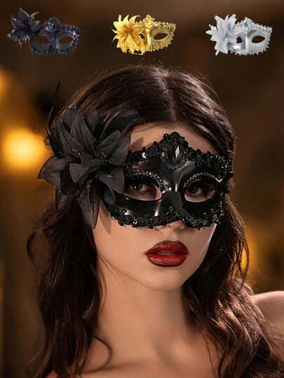 Women's Black Lace Venetian Masquerade Mask Feather Decor Halloween Carnival Cosplay Party Accessory(Uniform Size, Random Shipment)