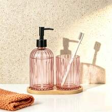 Bộ đồ dùng phòng tắm 3 món sọc hồng - Bình đựng nước rửa mặt + Cốc tráng miệng + Khay, Phụ kiện phòng tắm - Bộ ba món màu hồng - Xem 1