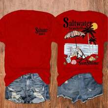 Camiseta de Mujer con Estampado de Conchas Marinas y Palmeras de Playa, Camiseta Casual de Manga Corta para Vacaciones, Ropa de Mujer - Rojo - Ver 4
