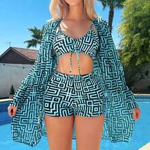 Fashionable And Sexy Plus-Size Printed Three-Piece Swimsuit With Long Sleeves And Mesh - Figure 1 - View 8