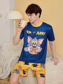 Noctvar OBM Sleepwear X TOM & JERRY Collaboration Men's Short Sleeve Top And Shorts Set, Colorblock Blue & Yellow Shirt + Allover Print Shorts Comfortable - Multicolor - View 6