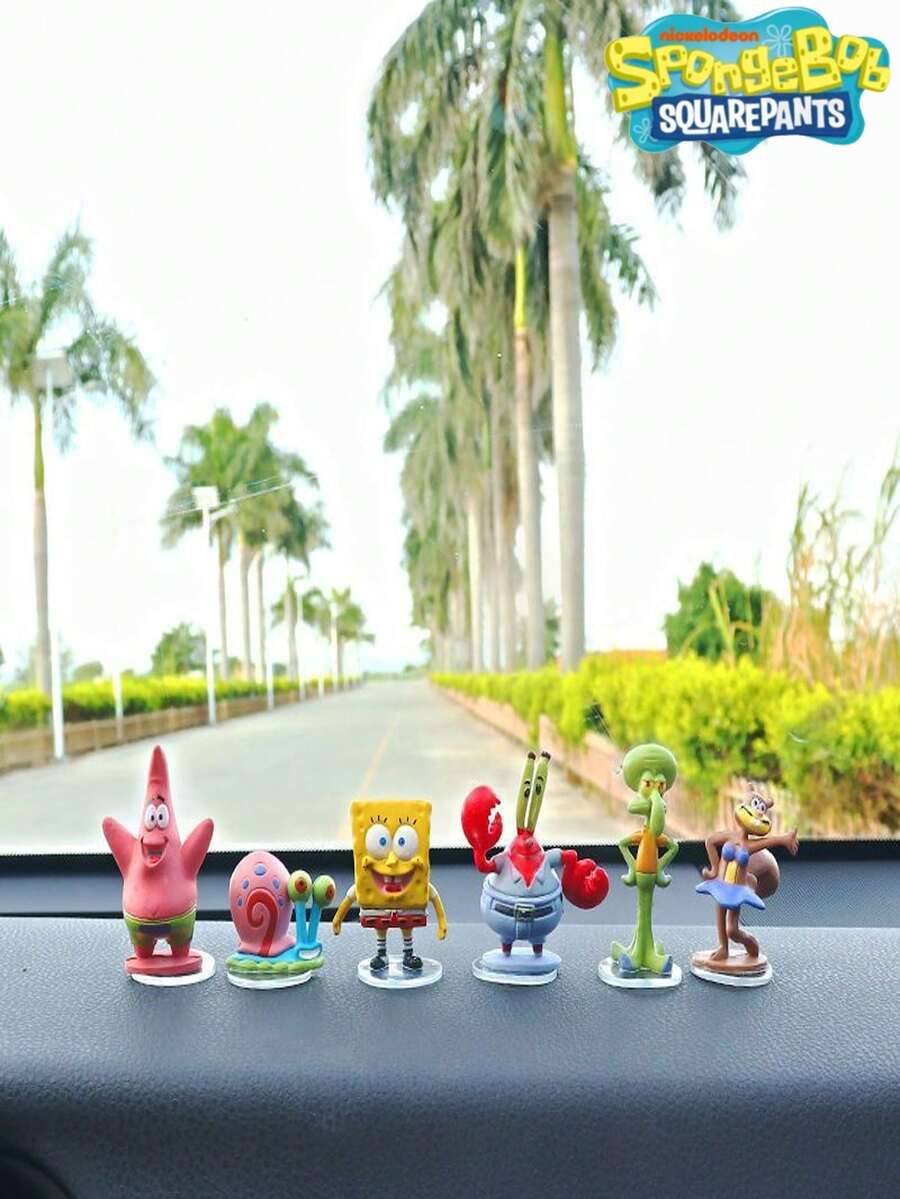 SpongeBob SquarePants 6/7件套方裤卡通汽车装饰摆件,桌面摆件,创意可爱小雕像,适合装饰仪表盘,可作为生日礼物送给朋友、家人和女朋友 - 均碼 - 查看 1