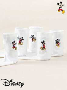 Disney 5-10双装迪士尼女士圆领腿套，饰有卡通米奇刺绣图案，男女通用休闲腿套，黑白两色 - 白色 - 查看 7