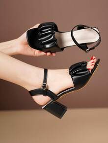 Giày sandal cao gót nữ thiết kế bèo nhún với quai ngang mắt cá chân, sandal gót chunky thanh lịch phù hợp cho tiệc tùng, đám cưới, màu đen. - màu đen - Xem 2