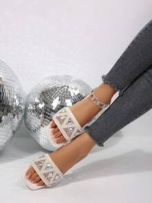 Women's Square Toe Flat Slippers, Fashion Party Slippers, Rhinestone Sexy Style, Matching With Dresses, Spring/Summer - Beige - View 7