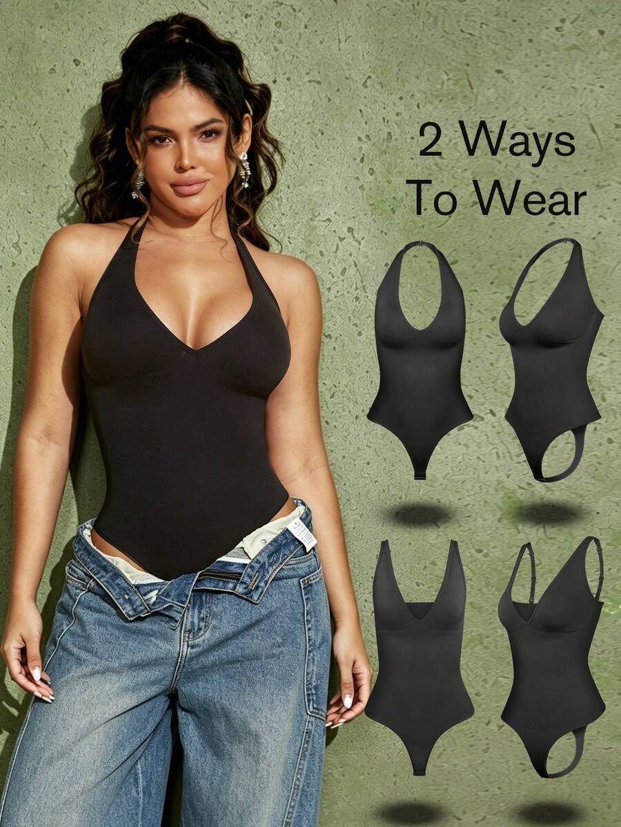 1pc Women's Seamless Shapewear Jumpsuit, Convertible Design With Detachable Straps, Tummy Control And Butt Lift, Full Body Shaping For Outdoor/Bikini Wear